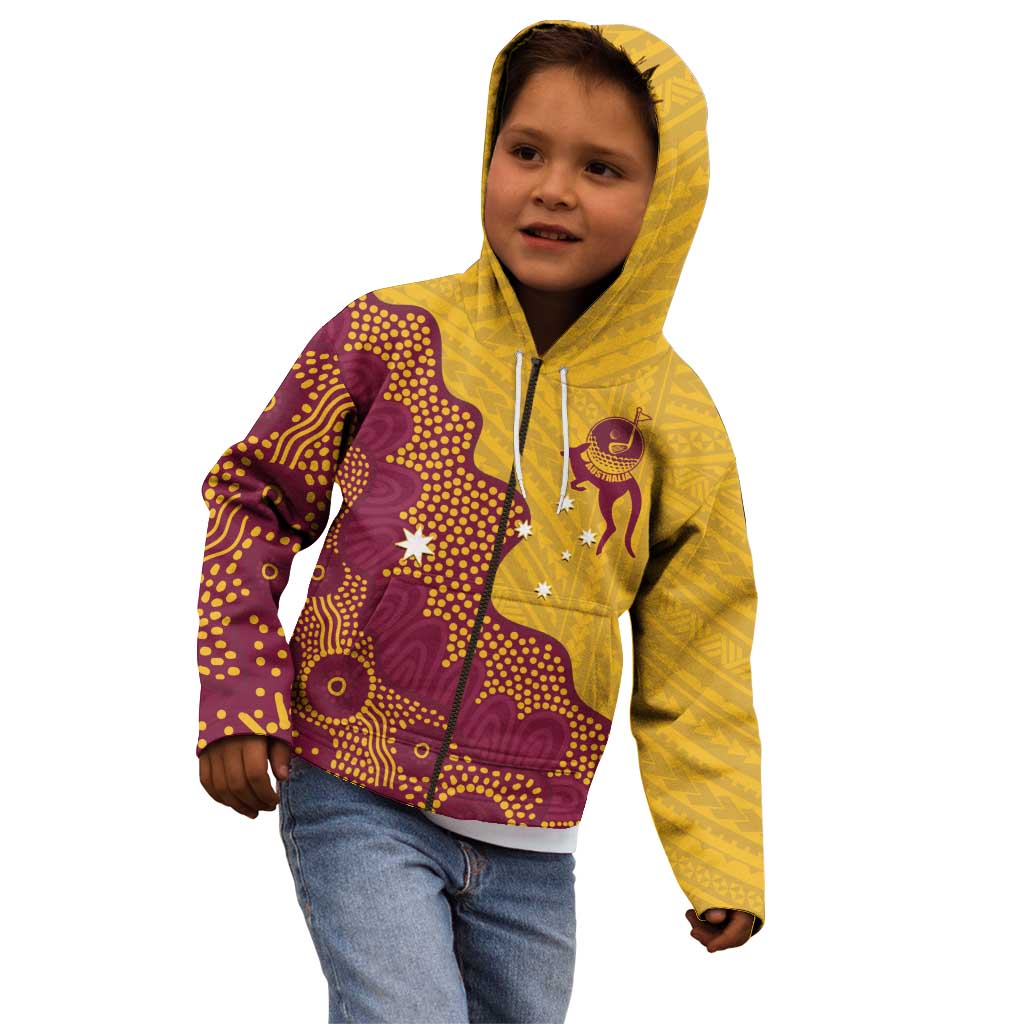 Personalised Australia Golf Kid Hoodie Aussie Kangaroo Aboriginal Polynesian Pattern