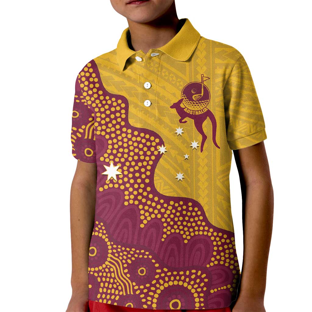Personalised Australia Golf Kid Polo Shirt Aussie Kangaroo Aboriginal Polynesian Pattern
