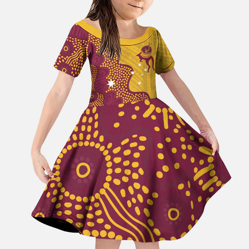 Personalised Australia Golf Kid Short Sleeve Dress Aussie Kangaroo Aboriginal Polynesian Pattern