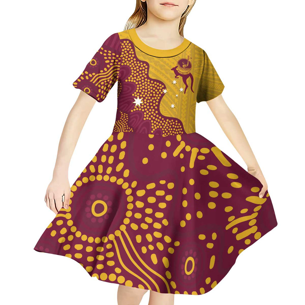 Personalised Australia Golf Kid Short Sleeve Dress Aussie Kangaroo Aboriginal Polynesian Pattern