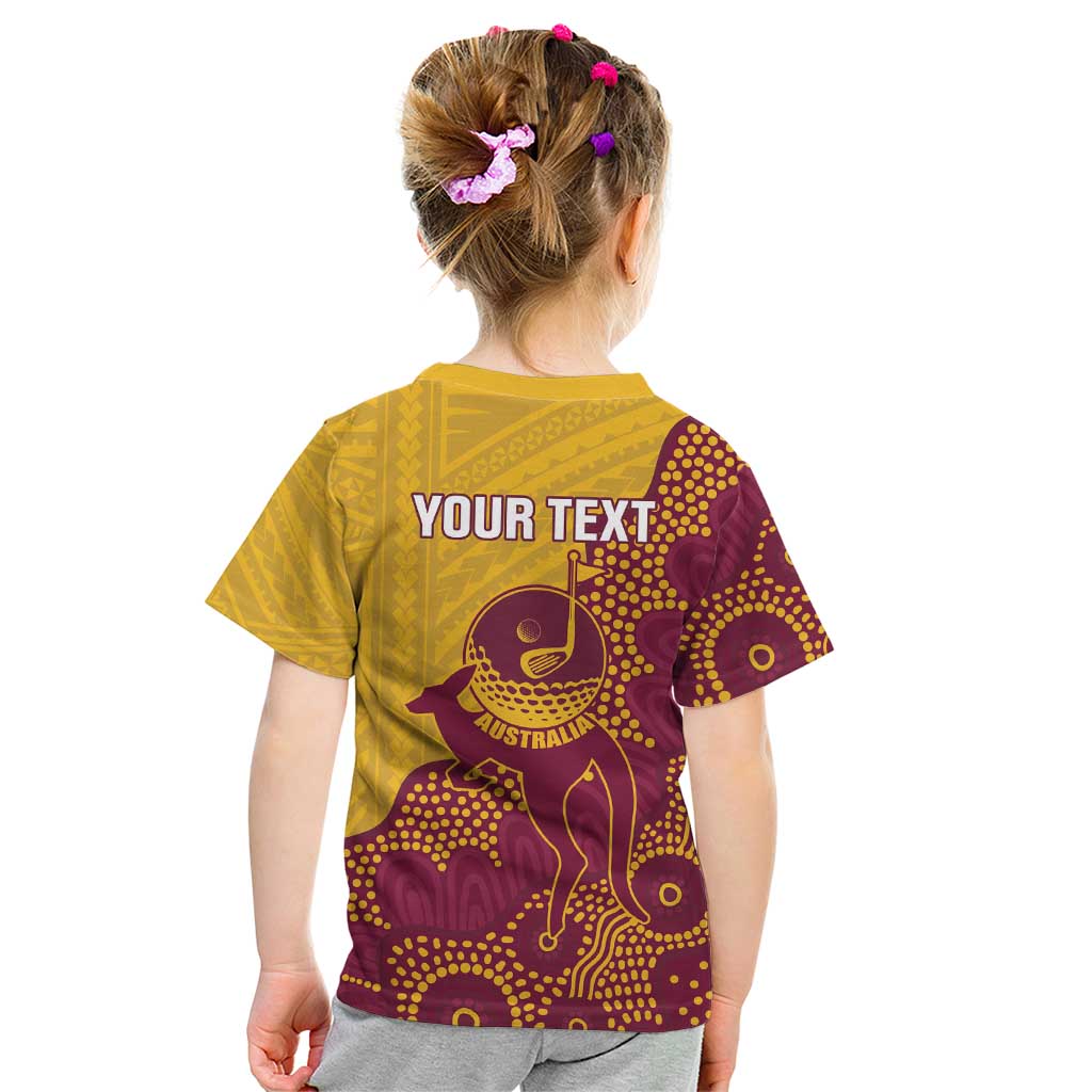 Personalised Australia Golf Kid T Shirt Aussie Kangaroo Aboriginal Polynesian Pattern
