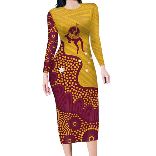 Personalised Australia Golf Long Sleeve Bodycon Dress Aussie Kangaroo Aboriginal Polynesian Pattern