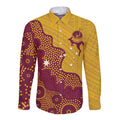 Personalised Australia Golf Long Sleeve Button Shirt Aussie Kangaroo Aboriginal Polynesian Pattern