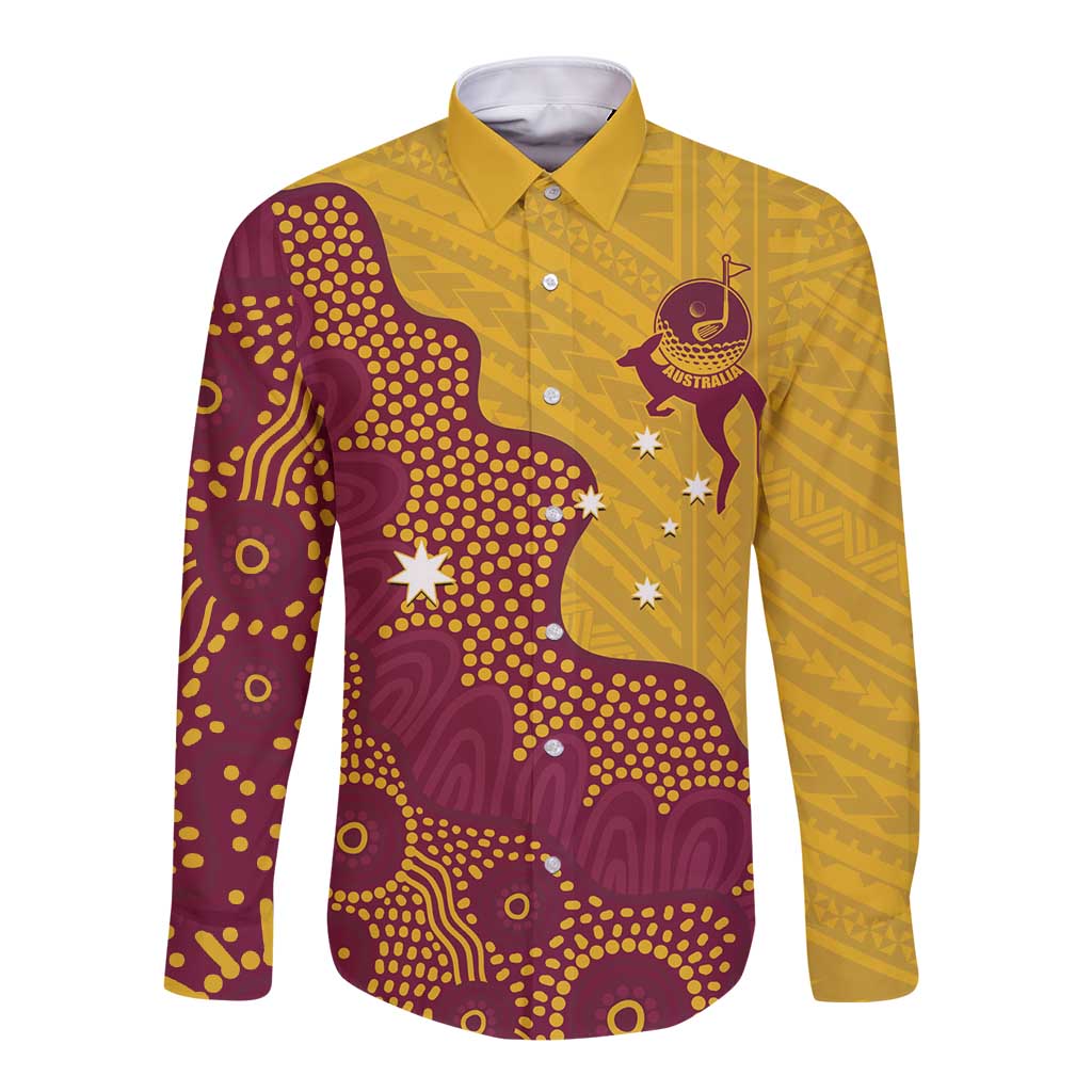 Personalised Australia Golf Long Sleeve Button Shirt Aussie Kangaroo Aboriginal Polynesian Pattern