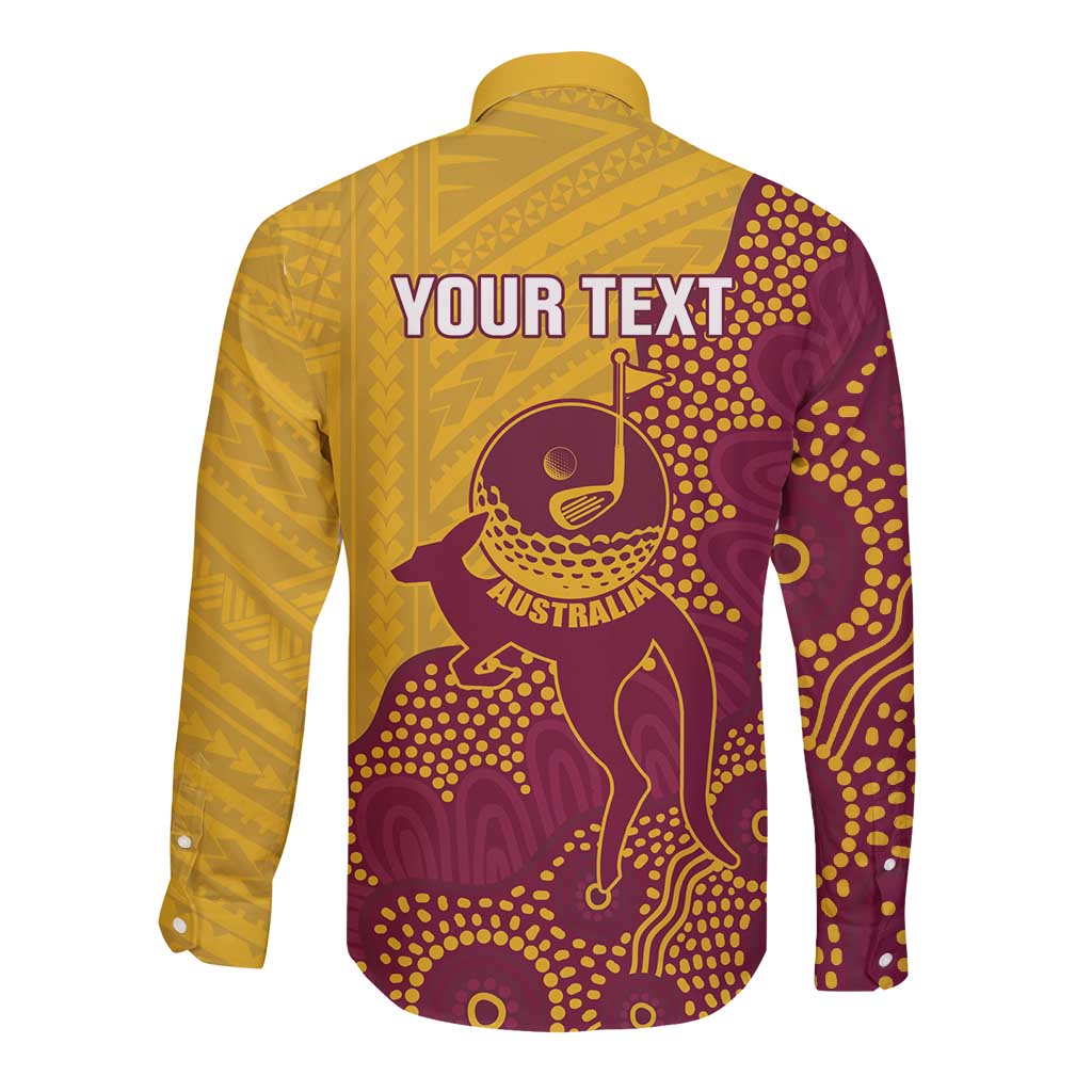 Personalised Australia Golf Long Sleeve Button Shirt Aussie Kangaroo Aboriginal Polynesian Pattern