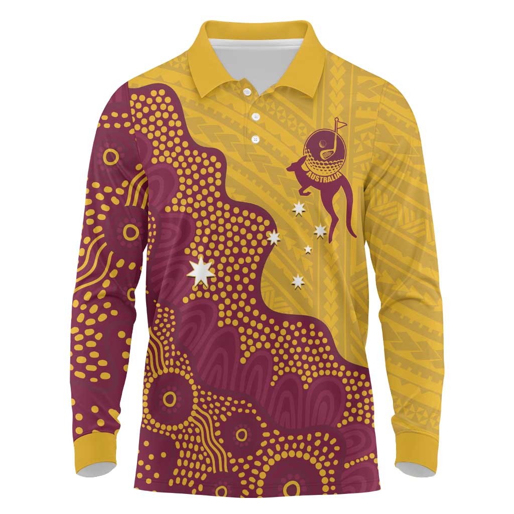 Personalised Australia Golf Long Sleeve Polo Shirt Aussie Kangaroo Aboriginal Polynesian Pattern