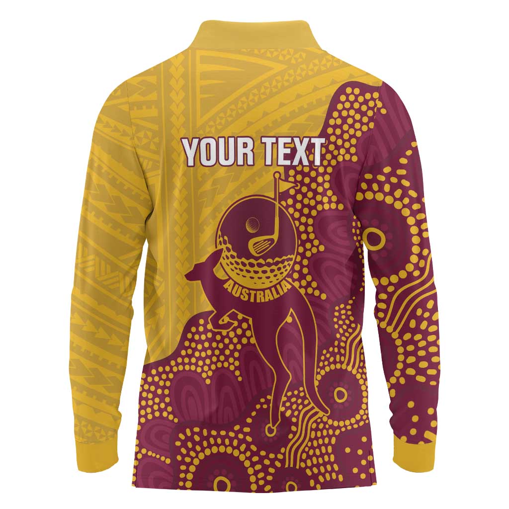 Personalised Australia Golf Long Sleeve Polo Shirt Aussie Kangaroo Aboriginal Polynesian Pattern