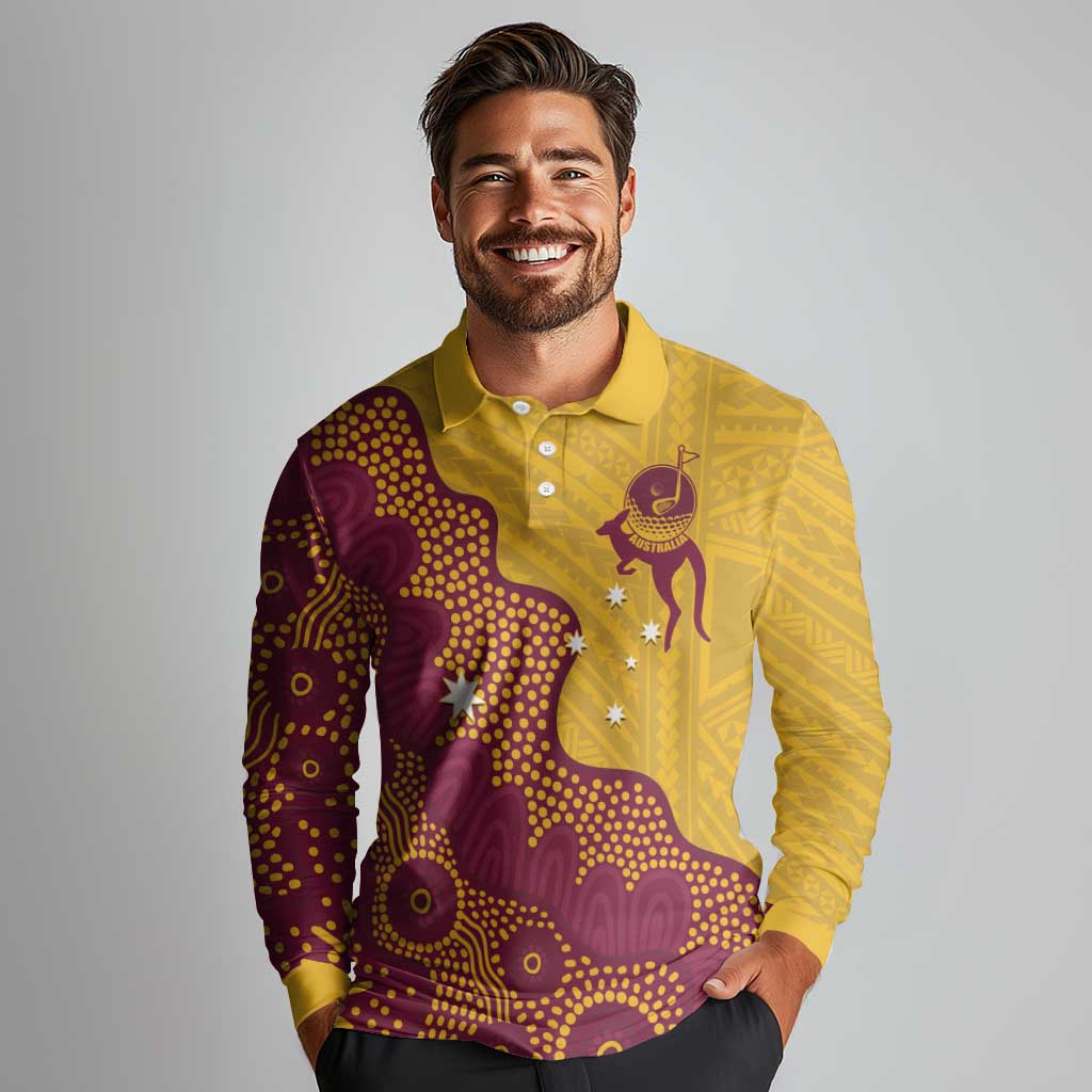 Personalised Australia Golf Long Sleeve Polo Shirt Aussie Kangaroo Aboriginal Polynesian Pattern