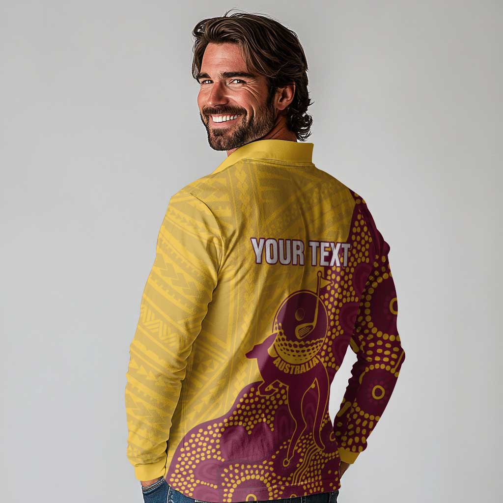 Personalised Australia Golf Long Sleeve Polo Shirt Aussie Kangaroo Aboriginal Polynesian Pattern
