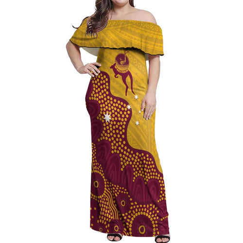 Personalised Australia Golf Off Shoulder Maxi Dress Aussie Kangaroo Aboriginal Polynesian Pattern