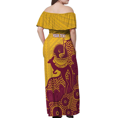 Personalised Australia Golf Off Shoulder Maxi Dress Aussie Kangaroo Aboriginal Polynesian Pattern