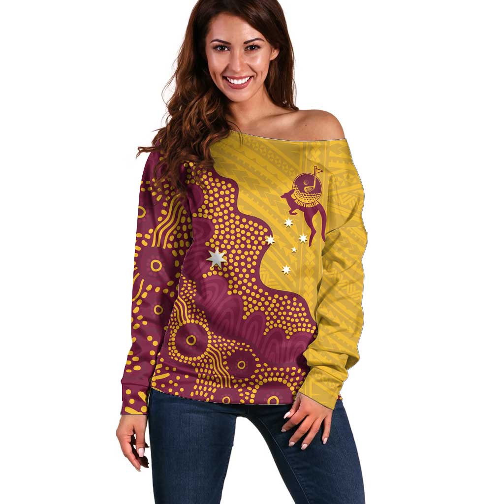 Personalised Australia Golf Off Shoulder Sweater Aussie Kangaroo Aboriginal Polynesian Pattern