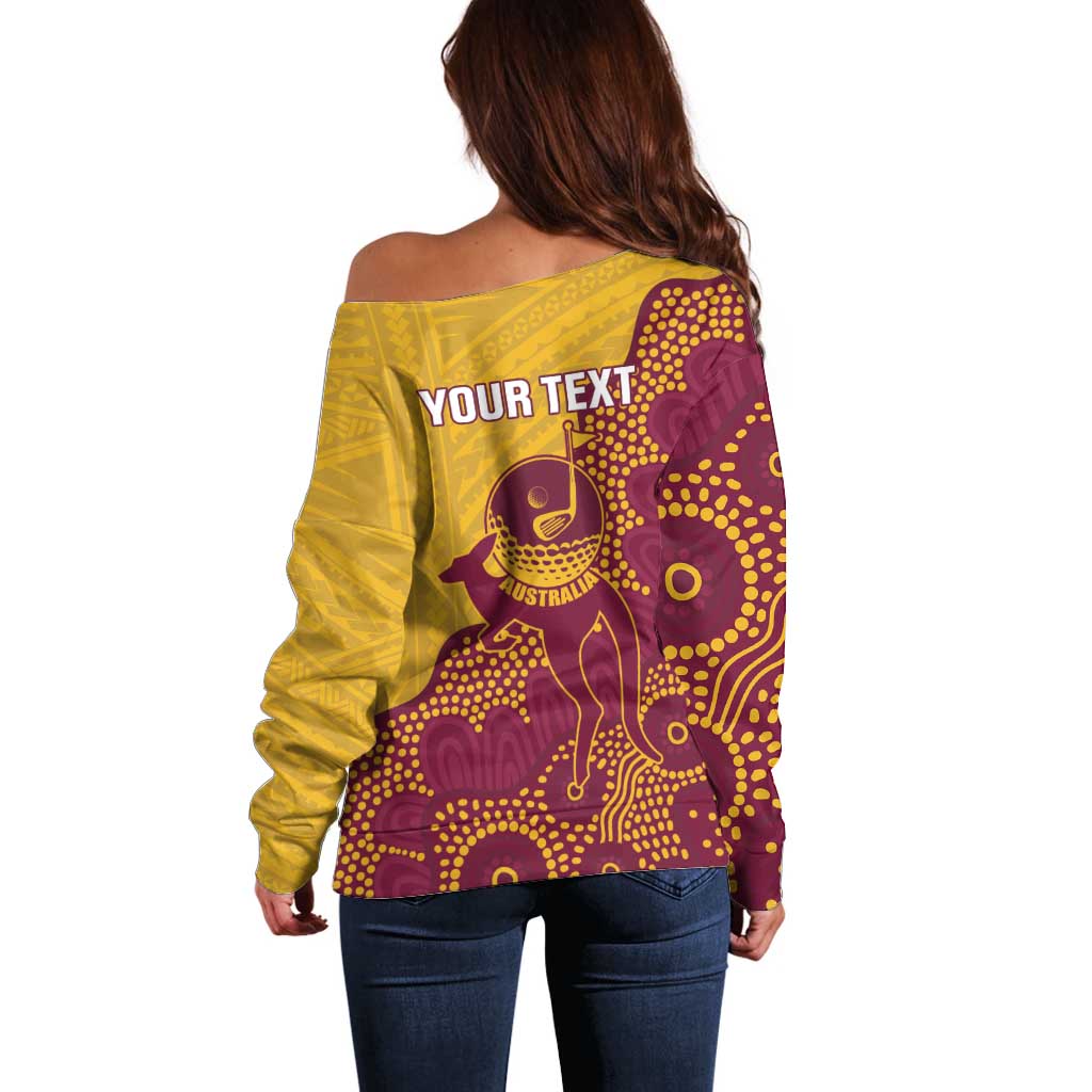 Personalised Australia Golf Off Shoulder Sweater Aussie Kangaroo Aboriginal Polynesian Pattern