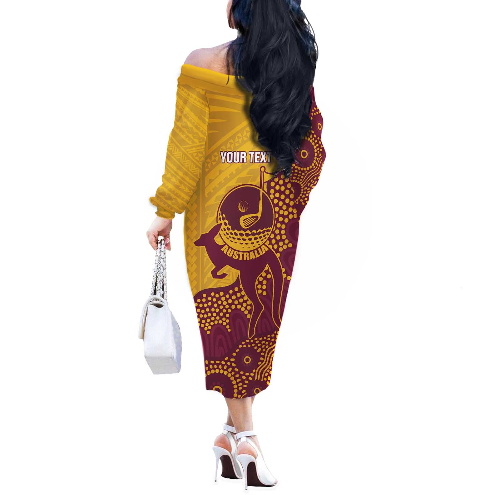 Personalised Australia Golf Off The Shoulder Long Sleeve Dress Aussie Kangaroo Aboriginal Polynesian Pattern