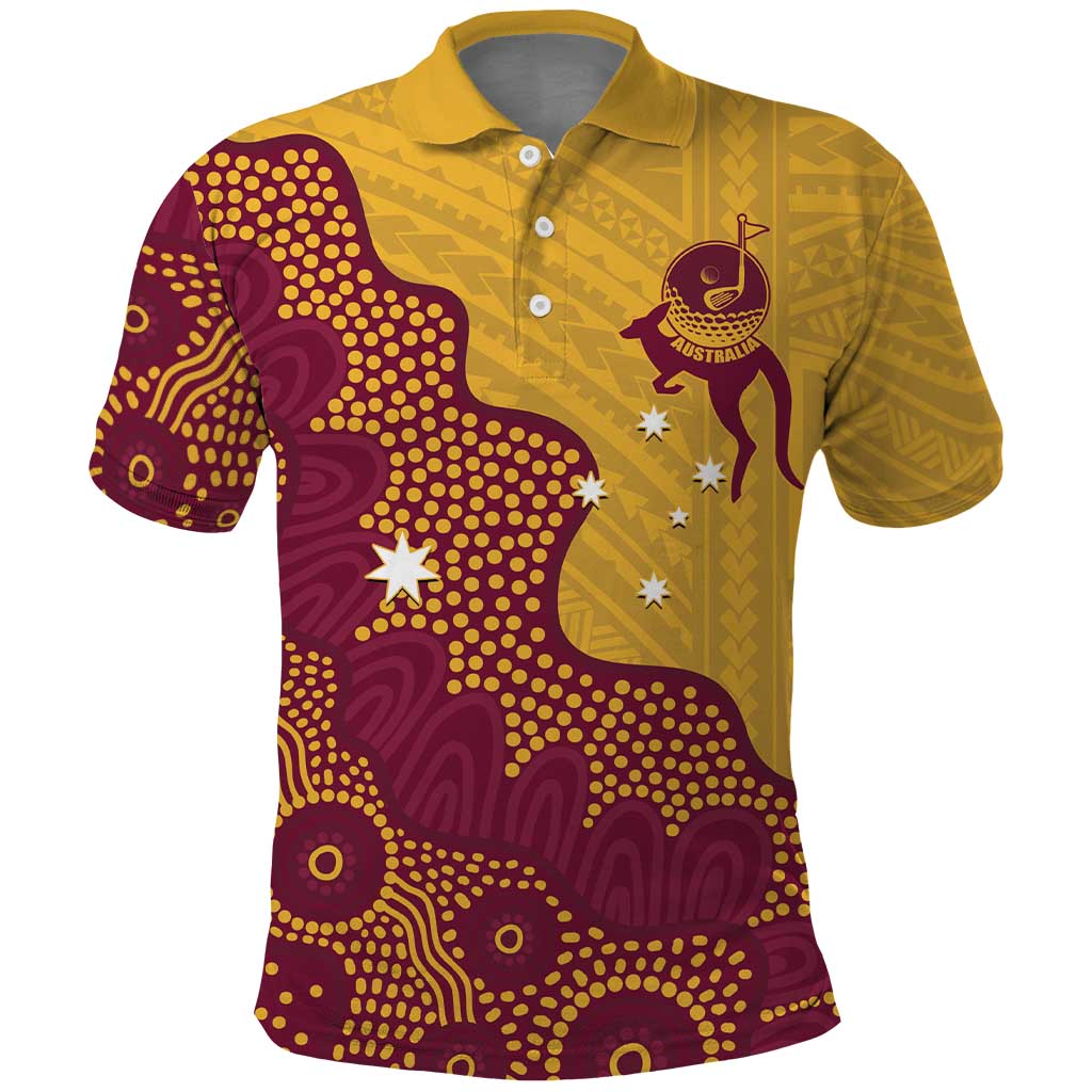 Personalised Australia Golf Polo Shirt Aussie Kangaroo Aboriginal Polynesian Pattern