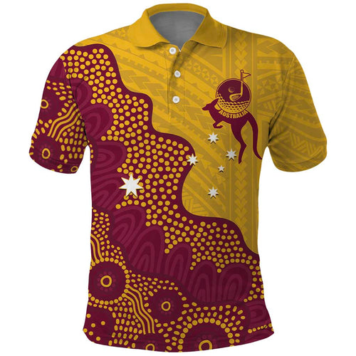 Personalised Australia Golf Polo Shirt Aussie Kangaroo Aboriginal Polynesian Pattern