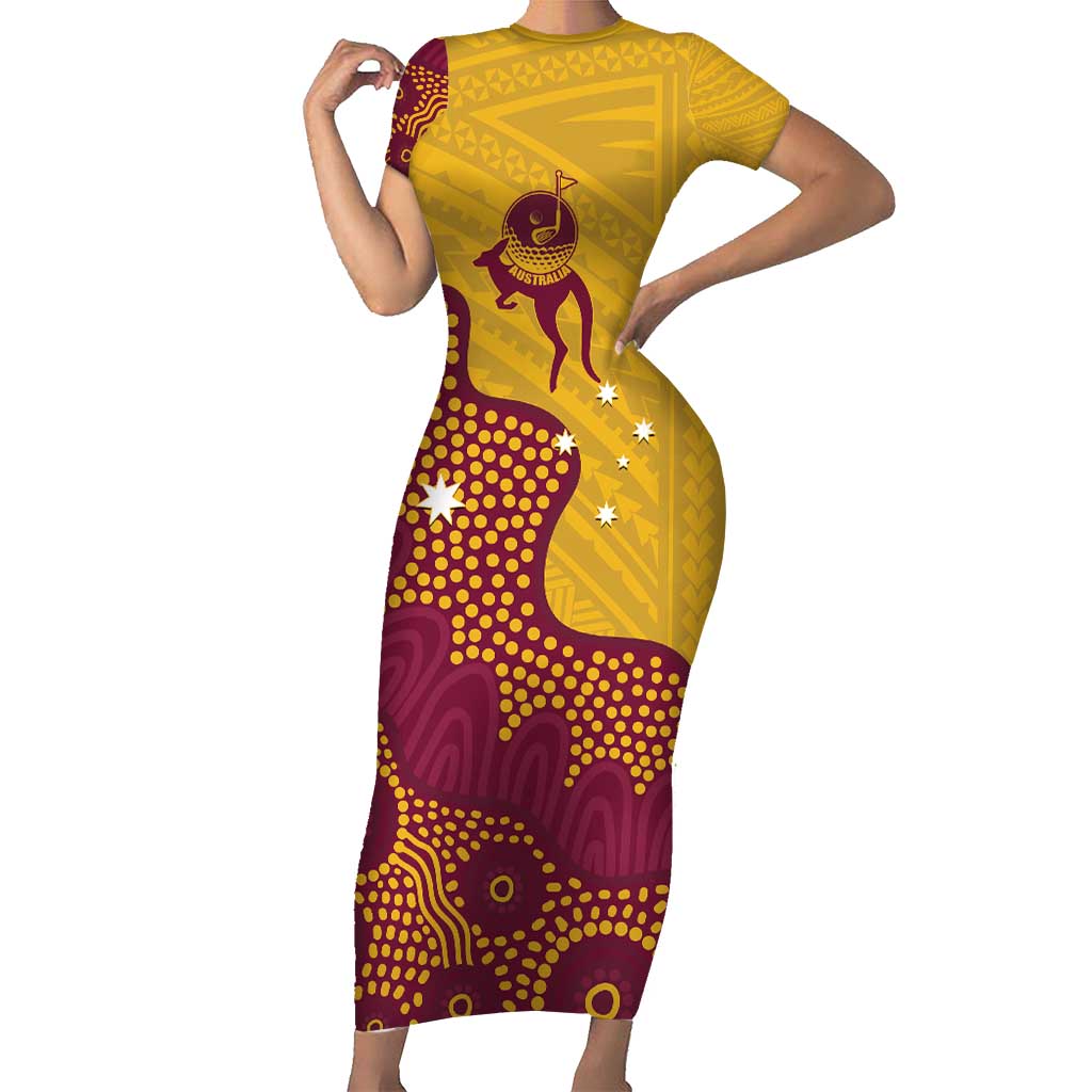 Personalised Australia Golf Short Sleeve Bodycon Dress Aussie Kangaroo Aboriginal Polynesian Pattern