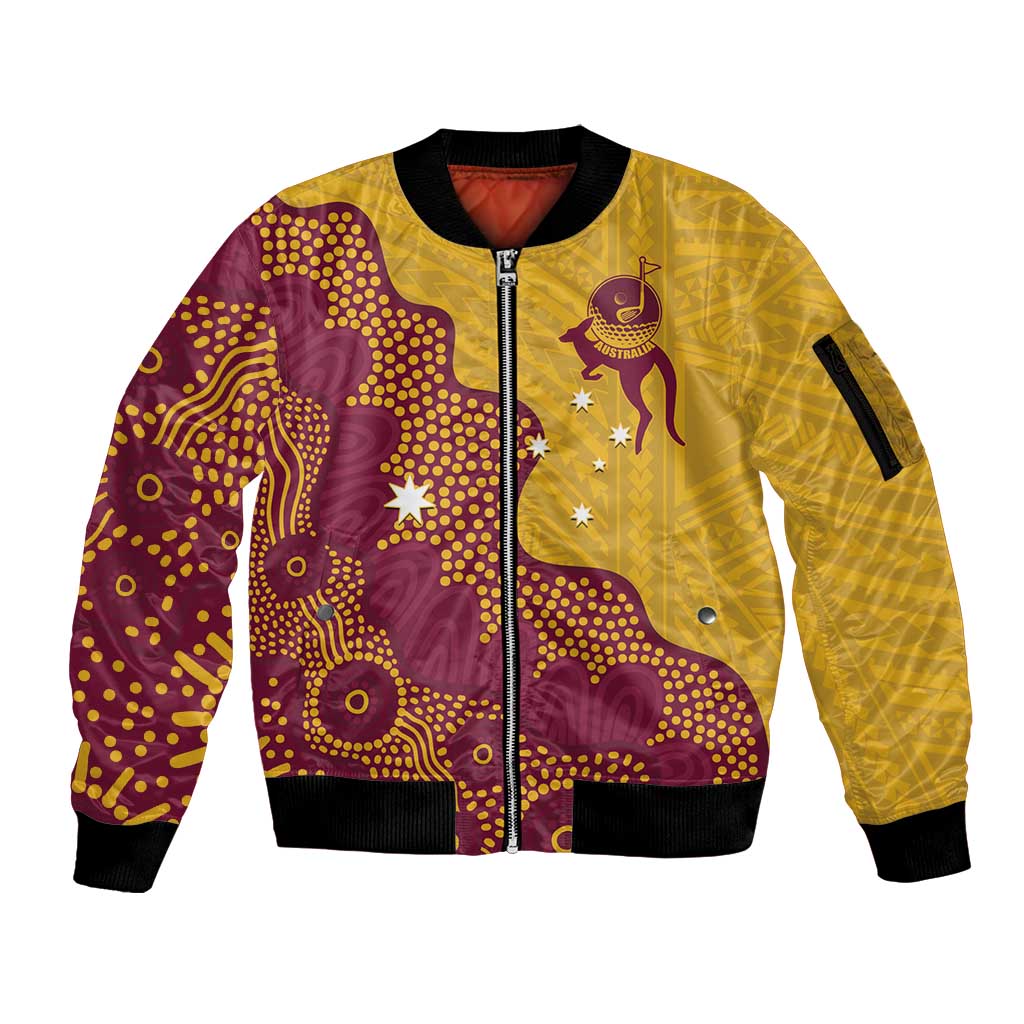 Personalised Australia Golf Sleeve Zip Bomber Jacket Aussie Kangaroo Aboriginal Polynesian Pattern