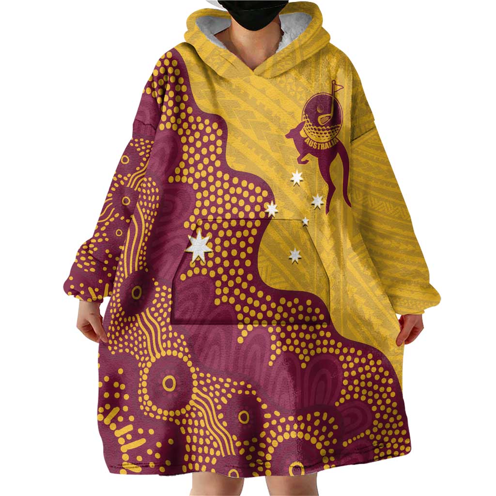 Personalised Australia Golf Wearable Blanket Hoodie Aussie Kangaroo Aboriginal Polynesian Pattern