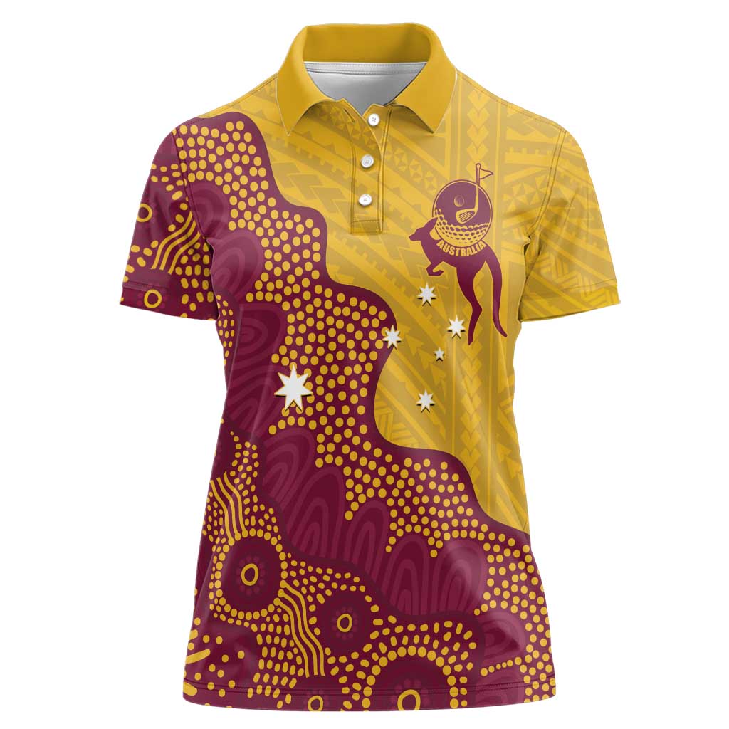 Personalised Australia Golf Women Polo Shirt Aussie Kangaroo Aboriginal Polynesian Pattern