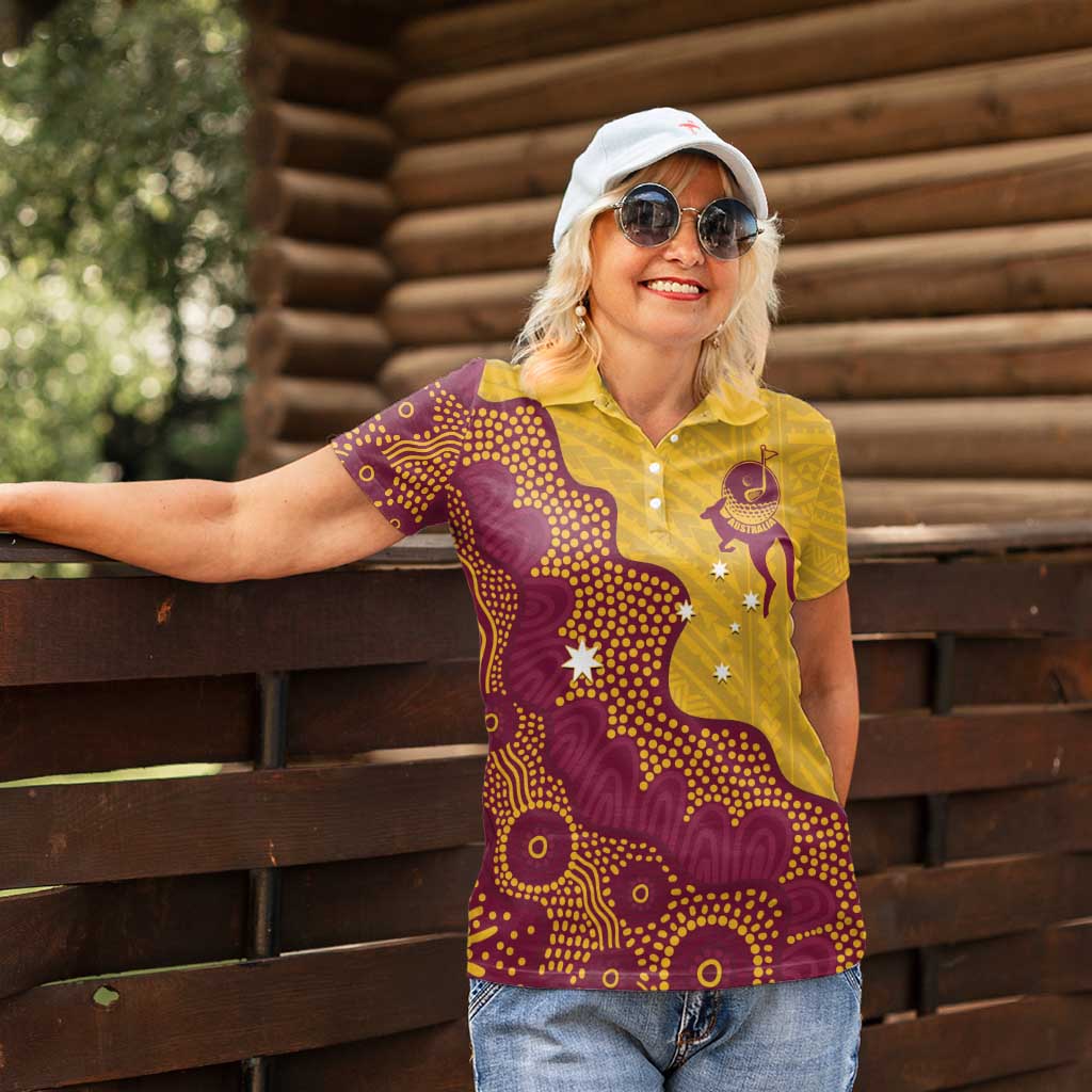 Personalised Australia Golf Women Polo Shirt Aussie Kangaroo Aboriginal Polynesian Pattern