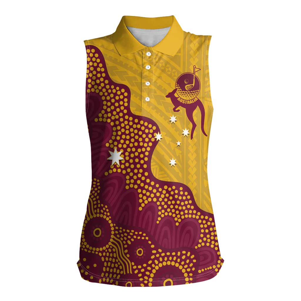 Personalised Australia Golf Women Sleeveless Polo Shirt Aussie Kangaroo Aboriginal Polynesian Pattern
