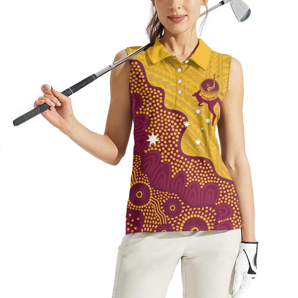 Personalised Australia Golf Women Sleeveless Polo Shirt Aussie Kangaroo Aboriginal Polynesian Pattern