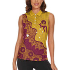 Personalised Australia Golf Women Sleeveless Polo Shirt Aussie Kangaroo Aboriginal Polynesian Pattern