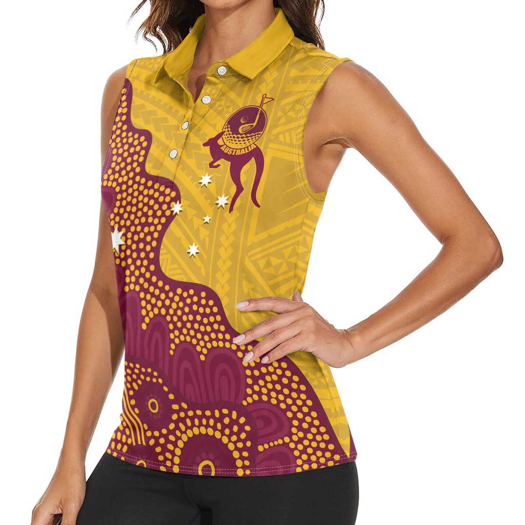 Personalised Australia Golf Women Sleeveless Polo Shirt Aussie Kangaroo Aboriginal Polynesian Pattern