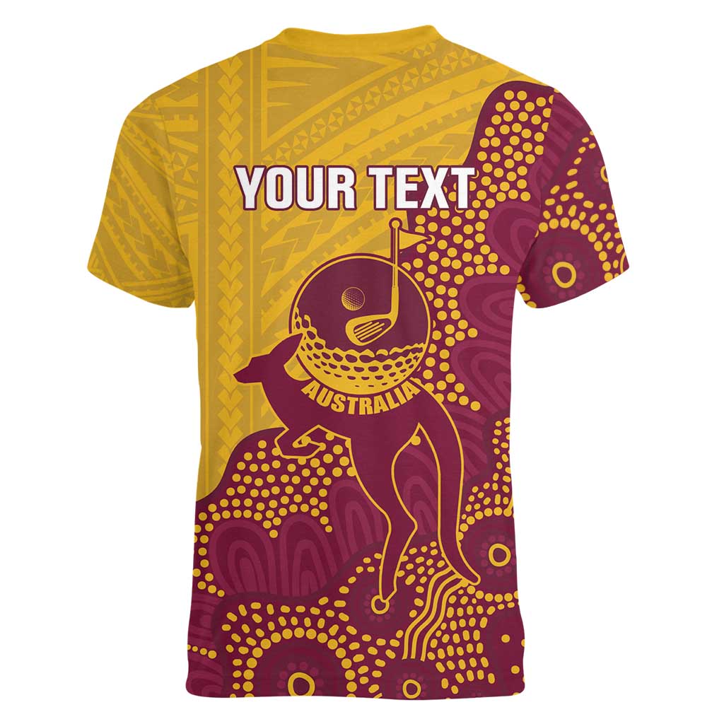 Personalised Australia Golf Women V-Neck T-Shirt Aussie Kangaroo Aboriginal Polynesian Pattern