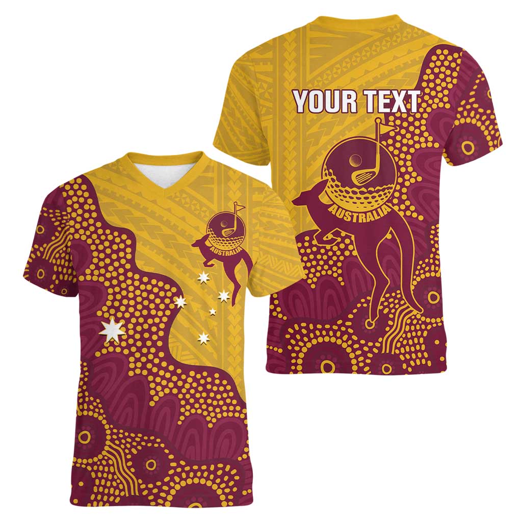 Personalised Australia Golf Women V-Neck T-Shirt Aussie Kangaroo Aboriginal Polynesian Pattern