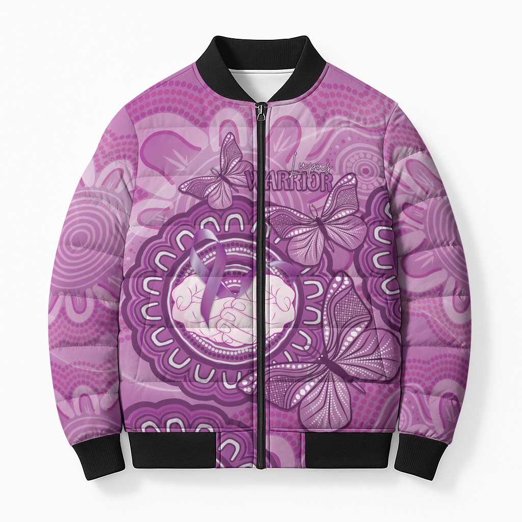 Australia Lupus Awareness Month Personalised Bomber Puffer Jacket Warrior Purple Ribbon Butterflies Indigenous Art