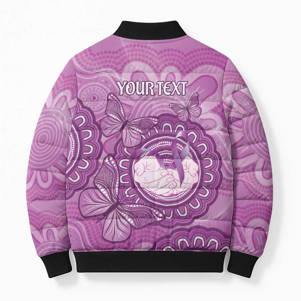 Australia Lupus Awareness Month Personalised Bomber Puffer Jacket Warrior Purple Ribbon Butterflies Indigenous Art