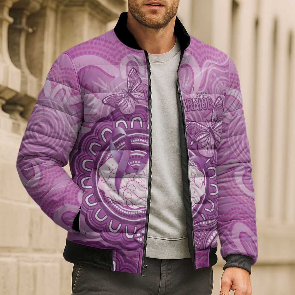 Australia Lupus Awareness Month Personalised Bomber Puffer Jacket Warrior Purple Ribbon Butterflies Indigenous Art