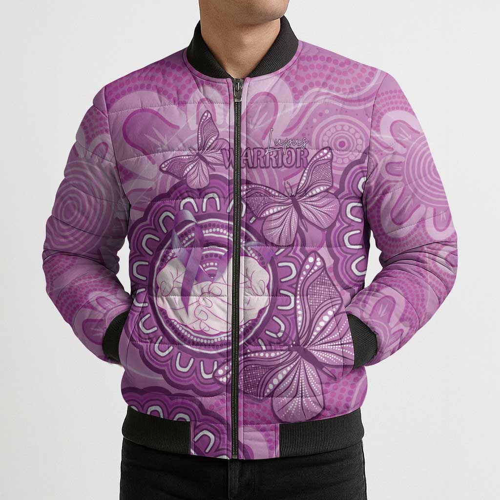 Australia Lupus Awareness Month Personalised Bomber Puffer Jacket Warrior Purple Ribbon Butterflies Indigenous Art