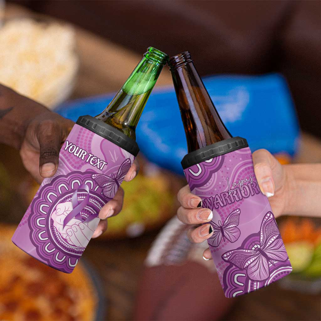 Australia Lupus Awareness Month Personalised 4 in 1 Can Cooler Tumbler Warrior Purple Ribbon Butterflies Indigenous Art