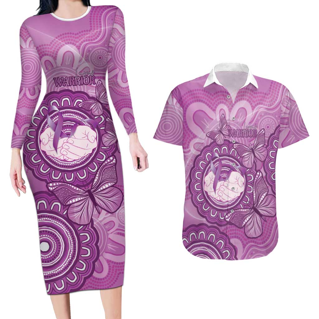 Australia Lupus Awareness Month Personalised Couples Matching Long Sleeve Bodycon Dress and Hawaiian Shirt Warrior Purple Ribbon Butterflies Indigenous Art