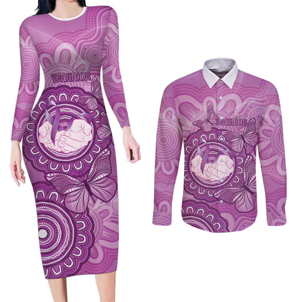 Australia Lupus Awareness Month Personalised Couples Matching Long Sleeve Bodycon Dress and Long Sleeve Button Shirt Warrior Purple Ribbon Butterflies Indigenous Art
