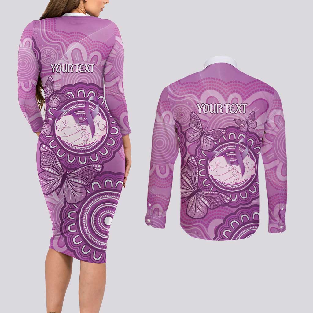 Australia Lupus Awareness Month Personalised Couples Matching Long Sleeve Bodycon Dress and Long Sleeve Button Shirt Warrior Purple Ribbon Butterflies Indigenous Art