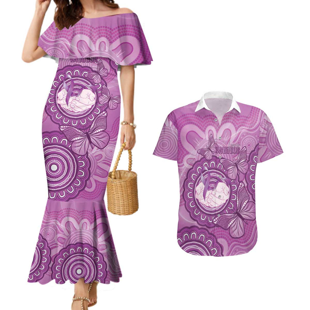 Australia Lupus Awareness Month Personalised Couples Matching Mermaid Dress and Hawaiian Shirt Warrior Purple Ribbon Butterflies Indigenous Art