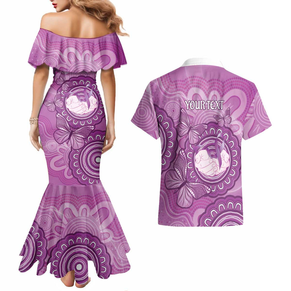 Australia Lupus Awareness Month Personalised Couples Matching Mermaid Dress and Hawaiian Shirt Warrior Purple Ribbon Butterflies Indigenous Art