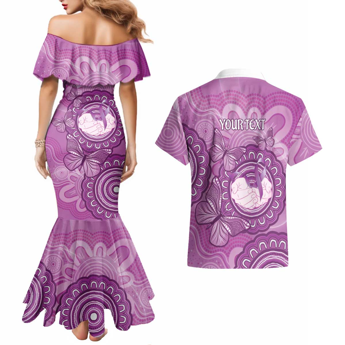 Australia Lupus Awareness Month Personalised Couples Matching Mermaid Dress and Hawaiian Shirt Warrior Purple Ribbon Butterflies Indigenous Art