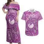 Australia Lupus Awareness Month Personalised Couples Matching Off Shoulder Maxi Dress and Hawaiian Shirt Warrior Purple Ribbon Butterflies Indigenous Art