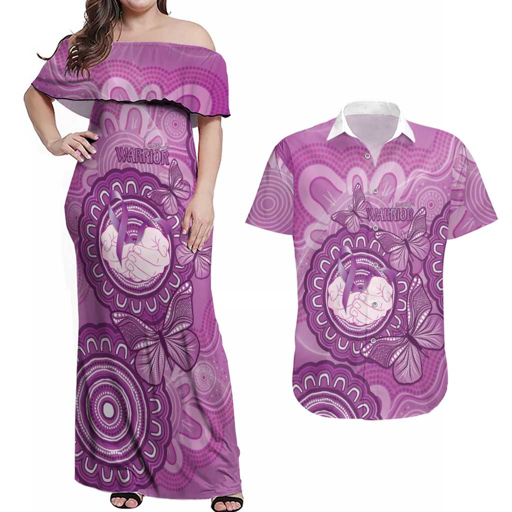 Australia Lupus Awareness Month Personalised Couples Matching Off Shoulder Maxi Dress and Hawaiian Shirt Warrior Purple Ribbon Butterflies Indigenous Art
