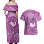 Australia Lupus Awareness Month Personalised Couples Matching Off Shoulder Maxi Dress and Hawaiian Shirt Warrior Purple Ribbon Butterflies Indigenous Art