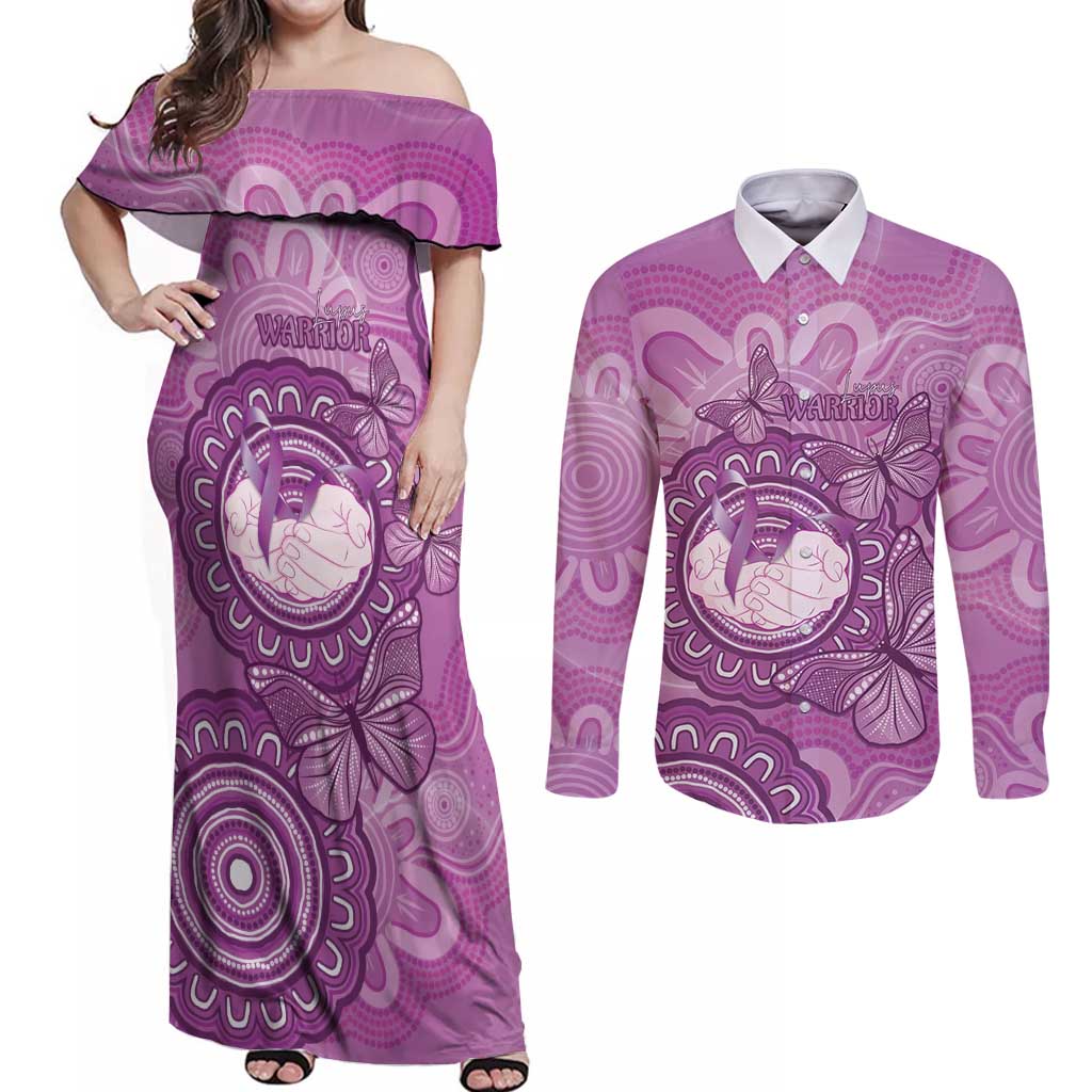 Australia Lupus Awareness Month Personalised Couples Matching Off Shoulder Maxi Dress and Long Sleeve Button Shirt Warrior Purple Ribbon Butterflies Indigenous Art