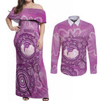 Australia Lupus Awareness Month Personalised Couples Matching Off Shoulder Maxi Dress and Long Sleeve Button Shirt Warrior Purple Ribbon Butterflies Indigenous Art
