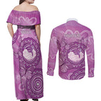 Australia Lupus Awareness Month Personalised Couples Matching Off Shoulder Maxi Dress and Long Sleeve Button Shirt Warrior Purple Ribbon Butterflies Indigenous Art