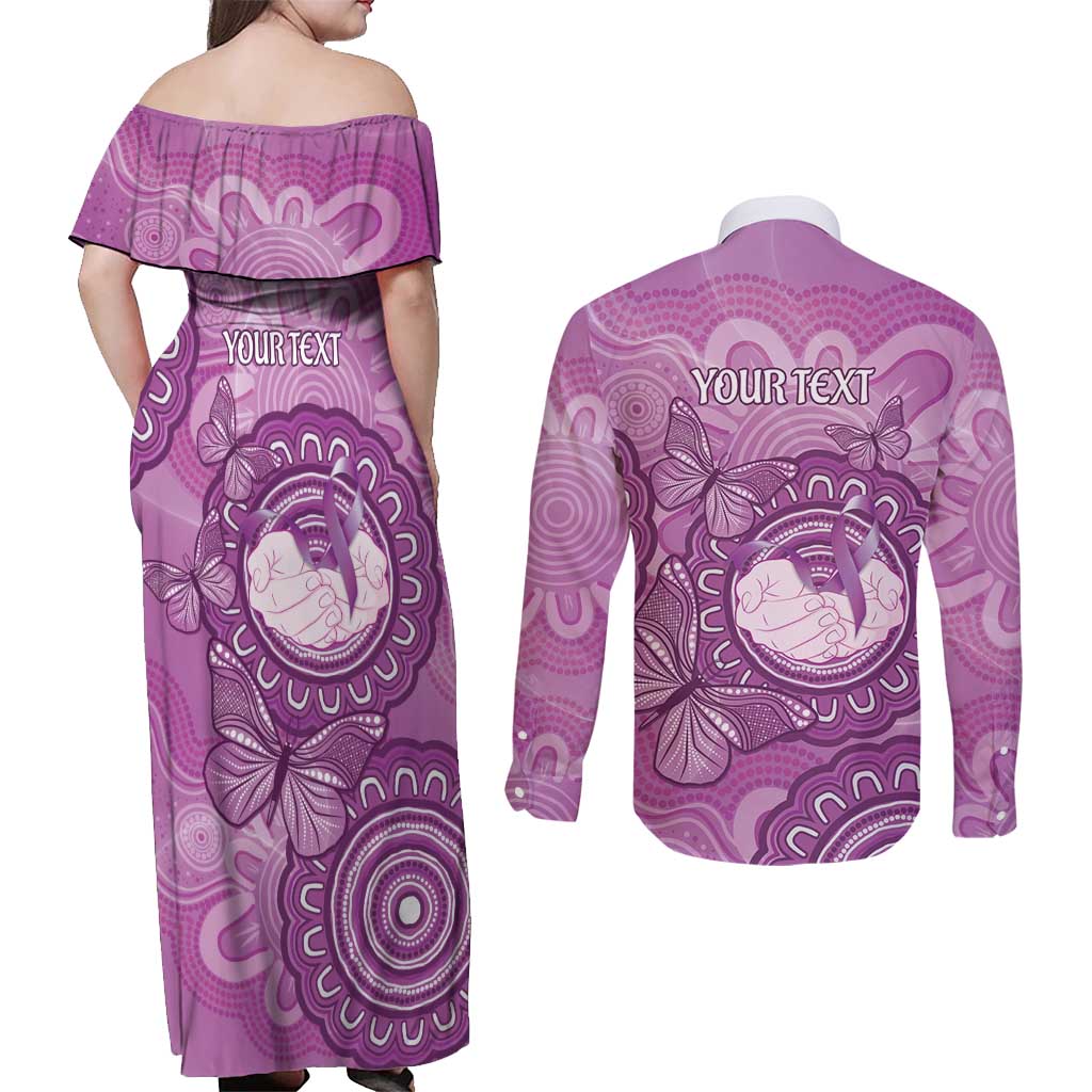 Australia Lupus Awareness Month Personalised Couples Matching Off Shoulder Maxi Dress and Long Sleeve Button Shirt Warrior Purple Ribbon Butterflies Indigenous Art