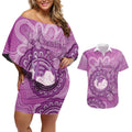 Australia Lupus Awareness Month Personalised Couples Matching Off Shoulder Short Dress and Hawaiian Shirt Warrior Purple Ribbon Butterflies Indigenous Art